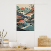 Japanse Landschapskunstprint Waterval, Rode Zon Poster (Keuken)