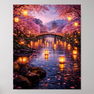 Japanse Lantaarn Rivier Kersenbloesem Poster