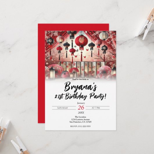 Japanse Lantaarns & Kersenbloesems Verjaardagsfees Kaart (Voorkant / Achterkant in situ)