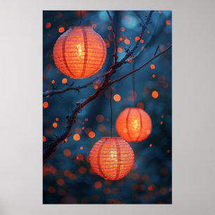 Japanse lantaarns 's nachts – warme aquarel kunst poster