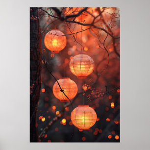 Japanse lantaarns 's nachts – warme aquarel kunst poster