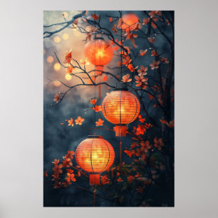 Japanse Lantaarns 's Nachts – Warme Aquarel Kunst Poster