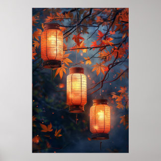 Japanse lantaarns 's nachts – warme aquarel kunst poster