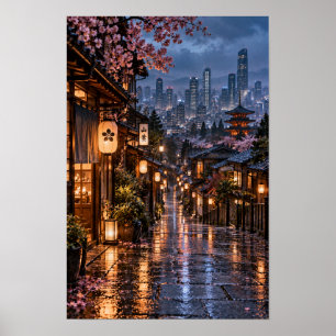 Japanse Lantaarnstraat Kersenbloesem Nacht Muur Poster