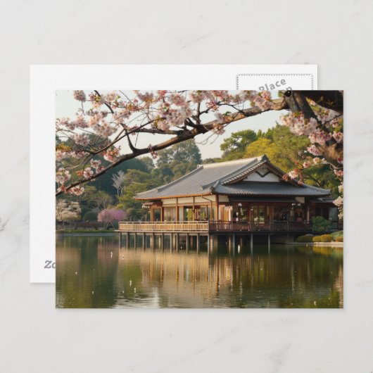 Japanse lentescène met vijver en kersenbloesem briefkaart (Voorkant / Achterkant)