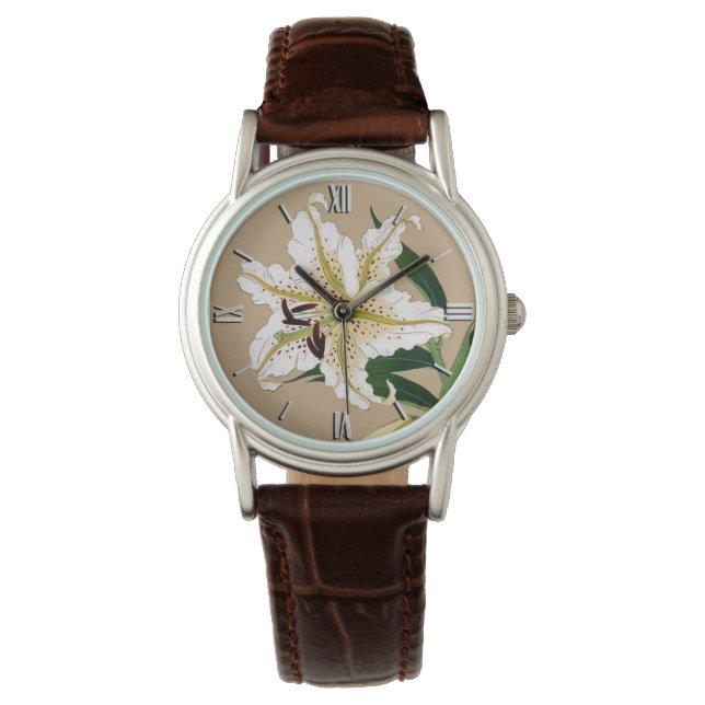  Japanse Liliy. Wit, groen en beige Horloge (Voorkant)