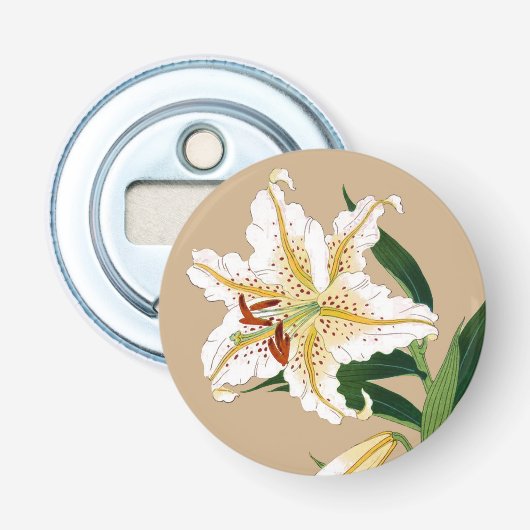 Japanse Lilly. Wit, groen en beige Button Flesopener (Voorkant)