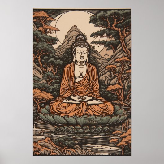 Japanse Linocut pratst boeddha Poster (Voorkant)