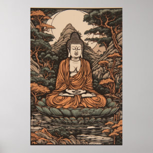 Japanse Linocut pratst boeddha Poster