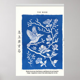 Japanse Linoleumsnijding Vogelprint Blauw Bloemmot Poster