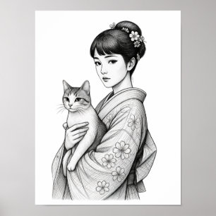 Japanse Maagd en Haar Kat Poster