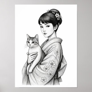 Japanse Maagd en Haar Kat Poster
