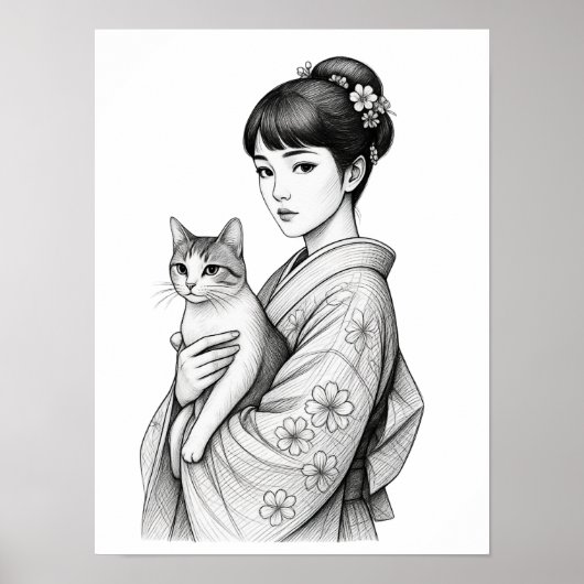 Japanse Maagd en Haar Kat Poster (Voorkant)