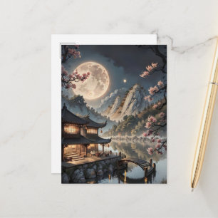 Japanse maanverlichte dorpsfantasie ansichtkaart   briefkaart