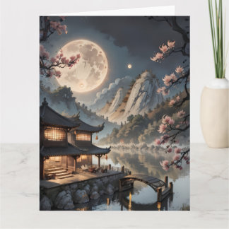 Japanse maanverlichte dorpsfantasie ansichtkaart | kaart