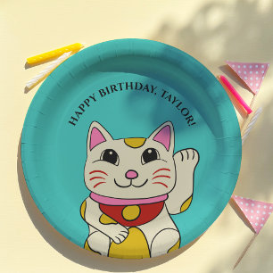Japanse Maneki Neko Waving Cat Verjaardag Papieren Bordje