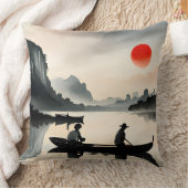 Japanse Mannen Zeilboot Avond Rivier Landschap Kussen (Deken)