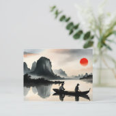 japanse Mannen zeilboot avond rivierlandschap Briefkaart (Staand voorkant)