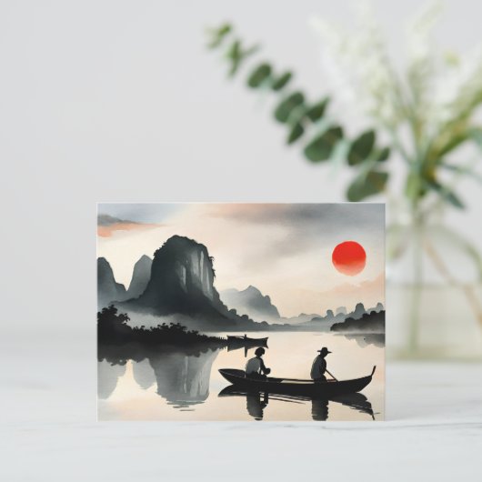 japanse Mannen zeilboot avond rivierlandschap Briefkaart (Staand voorkant)