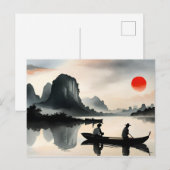 japanse Mannen zeilboot avond rivierlandschap Briefkaart (Voorkant / Achterkant)