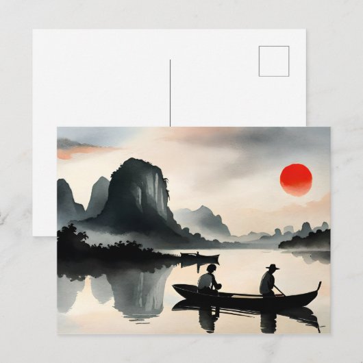 japanse Mannen zeilboot avond rivierlandschap Briefkaart (Voorkant / Achterkant)