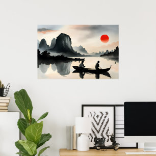 japanse Mannen zeilboot avond rivierlandschap Poster