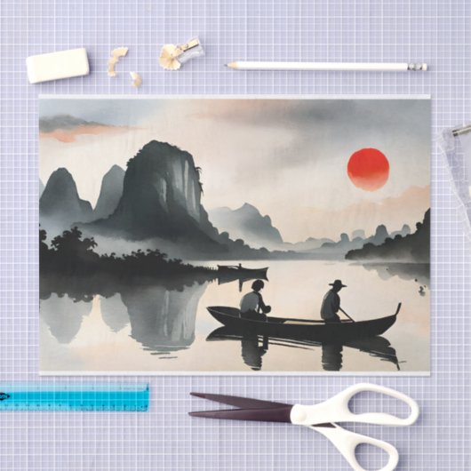 japanse Mannen zeilboot avond rivierlandschap Tissuepapier (Craft)