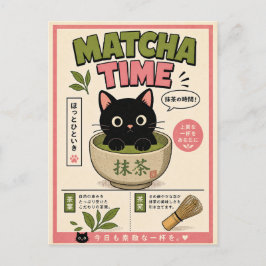 Japanse Matcha Zwarte Kat Theeliefhebber Illustrat Briefkaart