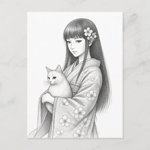 Japanse meisje met een witte kat briefkaart