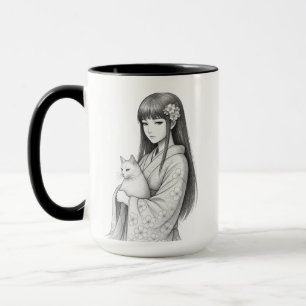 Japanse meisje met een witte kat mok