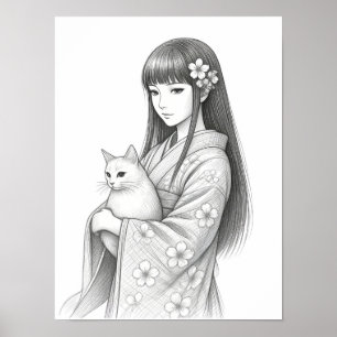 Japanse meisje met een witte kat poster