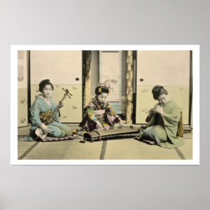 Japanse meisjes die de flute, 'koto' en de samis s poster