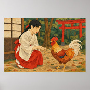 Japanse Miko en Poster in Chigiri-e stijl van een 