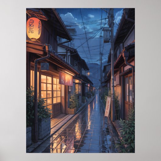 Japanse Mistige Regenstraat Kunst Poster (Voorkant)