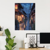 Japanse Mistige Regenstraat Kunst Poster (Thuiskantoor)
