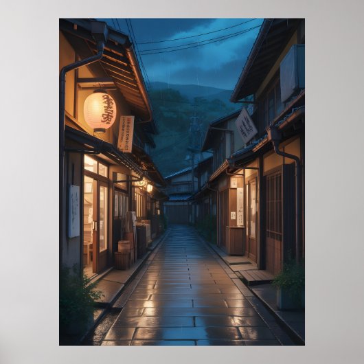 Japanse Mistige Regenstraat Kunst Poster (Voorkant)
