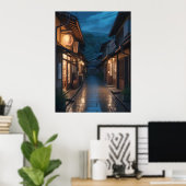 Japanse Mistige Regenstraat Kunst Poster (Thuiskantoor)