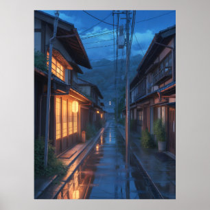 Japanse Mistige Regenstraat Kunst Poster