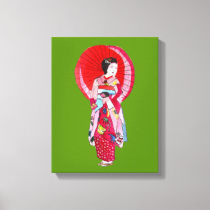 Japanse Modern Geisha-kunst met paraplu Canvas Afdruk