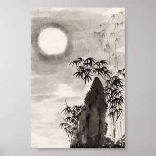 Japanse nacht maan landschap sumi-e poster