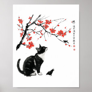Japanse Natuurkunst_ Kat En Vogel Met Kersenbloese Poster