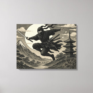 Japanse Ninja Volle Maan Fuji Canvasprint Canvas Afdruk