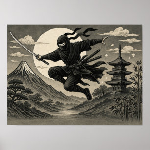 Japanse Ninja Volle Maan Fuji Poster