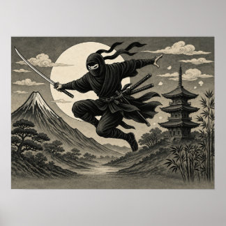 Japanse Ninja Volle Maan Fuji Poster