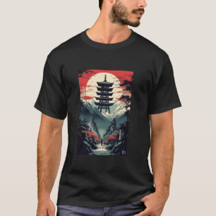 Japanse Pagoda Maan Retro Japan Samurai Art Vinta T-shirt