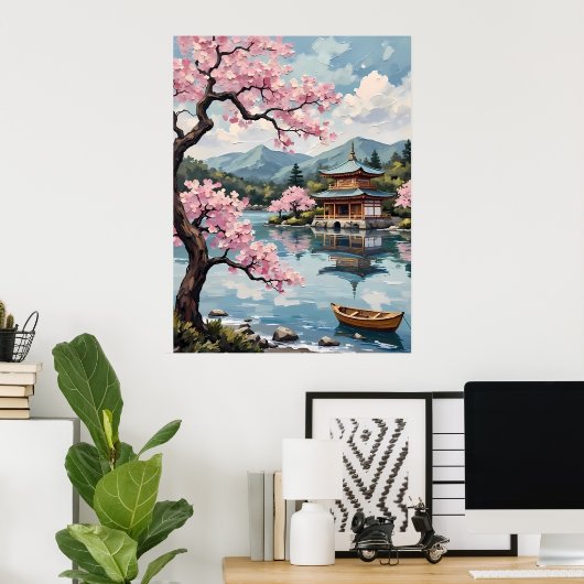 Japanse pagode aan een meer poster (Thuiskantoor)
