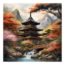 Japanse pagode bij een waterval