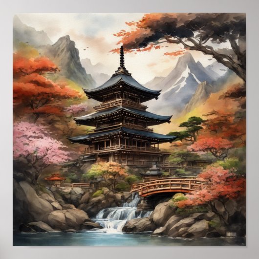 Japanse pagode bij een waterval poster (Voorkant)