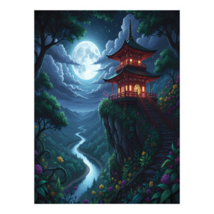 Japanse pagode in het maanlicht op een klif foto afdruk
