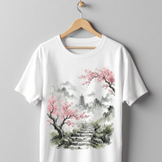 Japanse Pagode & Kersenbloesem Aquarel Kunst T-shirt